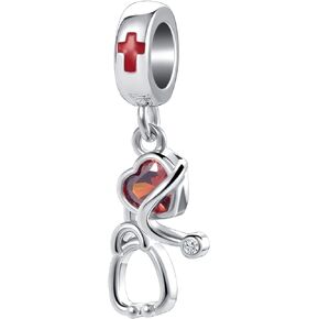 Nurse Nursing RN Registered Caduceus Charm Red Heart Stethoscope Heartbeat Medical Bead for Pandora Bracelets