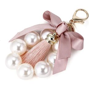 QTKJ Cute Bow Tassel Bag Charm Pendant Keychain Pearl Bracelets Keyring for Women Purse Handbag Decor (Pink)