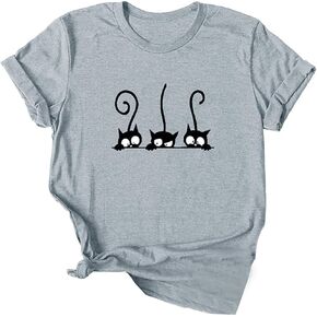 Lailezou Women's Three Cats Pattern Solid Color Printing O-Neck Simple T-Shirt Summer Casual Basic Short-Sleeved top in Kuwait