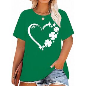 Plus Size St Patricks Day Shirt Women Shamrock Heart Graphic Tees St Patty's Lucky T-Shirt Irish Short Sleeve Tops