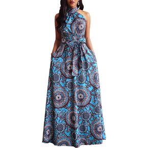 VERWIN Floor Length Lace-Up High Waist Stand Collar Sleeveless Women's Maxi Dress Print Dress Brown