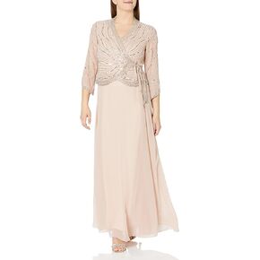 J Kara Women's Plus Size Long 3/4 Sleeve V-Neck Beaded Faux Wrap Dress