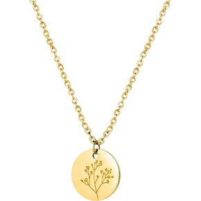 Birth Month Flower Pendant Necklace 18K Gold Plated Dainty Simple Month Birth Floral Disc Pendant Engrave Coin Necklace Minimalist Delicate Mom Daughter Gift for Her