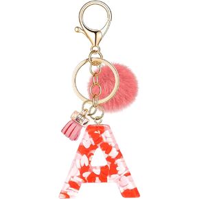 Love Alphabet Initial Letter Keychain Pink Tassel Rose Fur Pom Ball Charm Key Ring for Purse Handbags Women Girl
