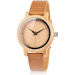 BOBO BIRD Men's Women's Bamboo Wooden Watch with Brown Cowhide Leather Strap Analog Quartz Casual Watches