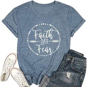 Faith Over Fear Arrow Letters Print T Shirt Women Short Sleeve V Nece Christian Tops Tee Blouse