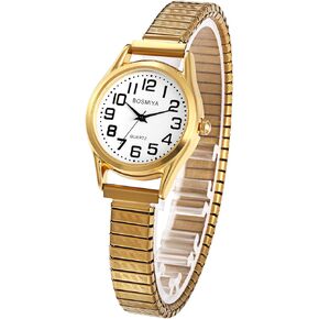Womens Watch Ladies Wristwatch: Women Gold Stretch Band White Dial Thin Watch Girls Eazy Reader Waterproof Watch Elderly Wrist Watch Mujer Reloj