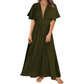LYANER Women's Floral Boho Deep V Neck Batwing Short Sleeve High Waist Split Slit Shift Dress