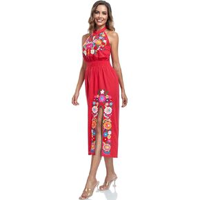 YZXDORWJ Women's Mexican Floral Embroidered Halter Neck Split Sleeveless Ruffle Party Long Dresses