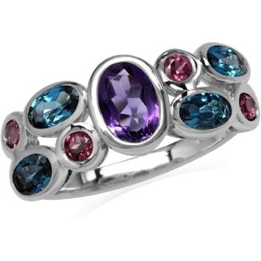 Silvershake Natural Amethyst Rhodolite Garnet and London Blue Topaz 925 Sterling Silver Cluster Cocktail Ring
