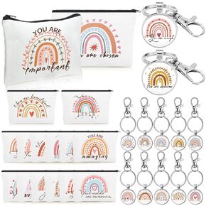 16 Pcs Rainbow Cosmetic Bags and 16 Pcs Rainbow Keychains Set Inspirational Quotes Canvas Makeup Bags Bulk You Are Amazing Beautiful Kind Travel Pouch Zipper Toiletry Bag for Women Girl Teacher Gift