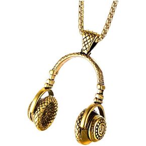 PAURO Men's Stainless Steel Music Headset DJ Headphone Pendant Biker Necklace, Gold/Black/Silver