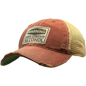 VINTAGE LIFE Warning! May Contain Alcohol Distressed Trucker Cap, Dark Red, Cotton, Polyester, Indoor, Outdoor