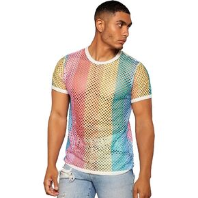 WDIRARA Men's Color Block Striped Hollow Out Sheer Round Neck Short Sleeve Tshirt Top
