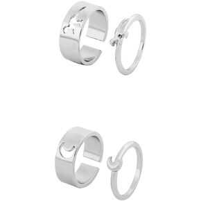 COLORFUL BLING 4 Pcs Set Matching rings Moon Dinosaur Band Rings Adjustable Gold Silver Black Open Ring Matching Stacking Rings for Couples Wedding Jewelry for Women Men