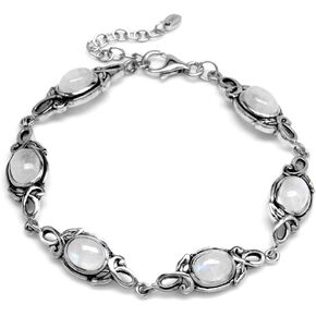 Silvershake 8x6mm Oval Natural Moonstone 925 Sterling Silver Leaf Vintage Inspired 7 to 8.5 Inch Adjustable Bracelet