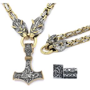 Gungneer 18k Gold Plated Stainless Steel Viking Thor Hammer Necklace Wolf Head Byzantine King Chain Asatru Norse Pagan Jewelry Men Women