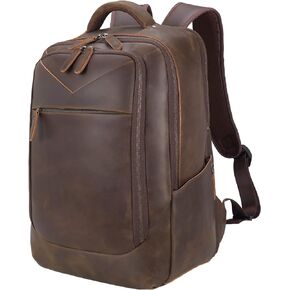 Masa Kawa Vintage Leather 15.6" Laptop Computer Backpack for Men Large Business Travel Weekender Bag Casual Rucksack Camping Daypack, Brown