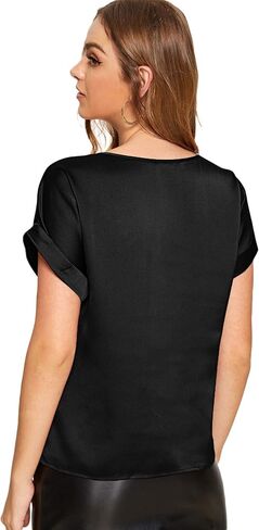 Verdusa Women's Elegant Roll Up Sleeve Boat Neck Satin Blouse Top in Saudi Arabia