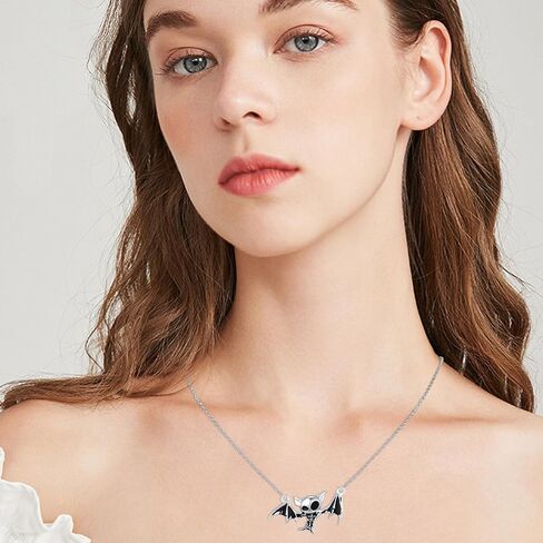 YueYuan Skull Bat Necklace 925 Sterling Silver Gothic Bat Pendant Goth Skull Necklace Witch Skull Jewelry Gifts for Men Women in Saudi Arabia