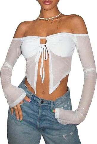 Milumia Women's Off Shoulder Long Sleeve Mesh Crop Top Tie Front Split Hem T-Shirts Going Out Tops in Saudi Arabia