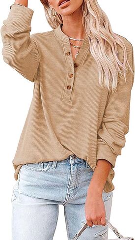 LYANER Women's Rib Knit Collar V Neck Button Down Long Sleeve Blouse Shirt Top in Saudi Arabia