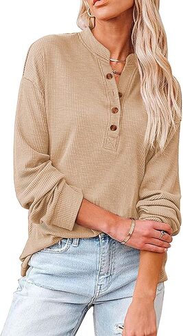LYANER Women's Rib Knit Collar V Neck Button Down Long Sleeve Blouse Shirt Top in Saudi Arabia