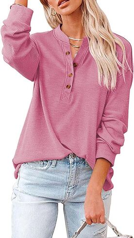 LYANER Women's Rib Knit Collar V Neck Button Down Long Sleeve Blouse Shirt Top in Saudi Arabia