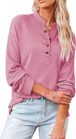 LYANER Women's Rib Knit Collar V Neck Button Down Long Sleeve Blouse Shirt Top in Saudi Arabia