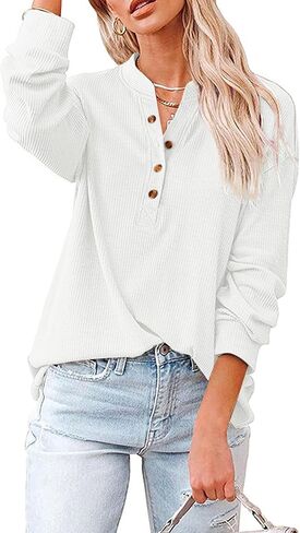 LYANER Women's Rib Knit Collar V Neck Button Down Long Sleeve Blouse Shirt Top in Saudi Arabia
