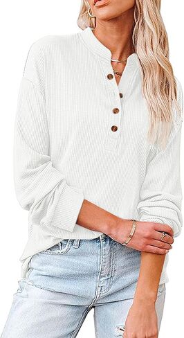 LYANER Women's Rib Knit Collar V Neck Button Down Long Sleeve Blouse Shirt Top in Saudi Arabia