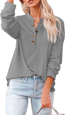 LYANER Women's Rib Knit Collar V Neck Button Down Long Sleeve Blouse Shirt Top in Saudi Arabia