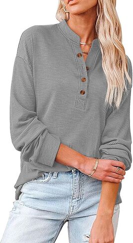 LYANER Women's Rib Knit Collar V Neck Button Down Long Sleeve Blouse Shirt Top in Saudi Arabia