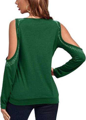 Rooscier Women's Cowl Neck Cold Shoulder Long Sleeve Rhinestone Draped Tee Blouse Top in Saudi Arabia