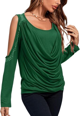Rooscier Women's Cowl Neck Cold Shoulder Long Sleeve Rhinestone Draped Tee Blouse Top in Saudi Arabia