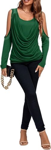 Rooscier Women's Cowl Neck Cold Shoulder Long Sleeve Rhinestone Draped Tee Blouse Top in Saudi Arabia