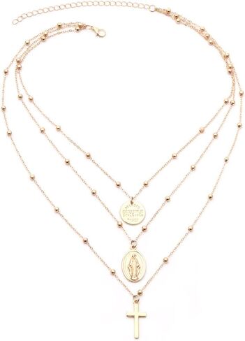 Tiande Multilayer Necklace, Silver Cross Virgin Mary Pendant Chain Christian Necklace Catholic Choker in Saudi Arabia