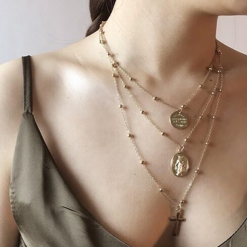 Tiande Multilayer Necklace, Silver Cross Virgin Mary Pendant Chain Christian Necklace Catholic Choker in Saudi Arabia