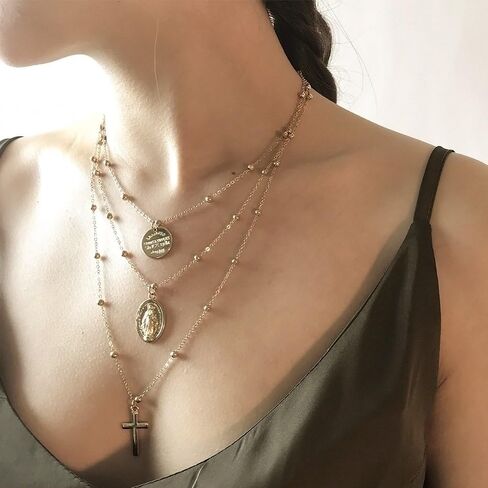 Tiande Multilayer Necklace, Silver Cross Virgin Mary Pendant Chain Christian Necklace Catholic Choker in Saudi Arabia