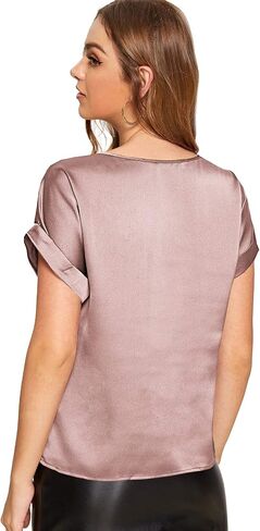 Verdusa Women's Elegant Roll Up Sleeve Boat Neck Satin Blouse Top in Saudi Arabia