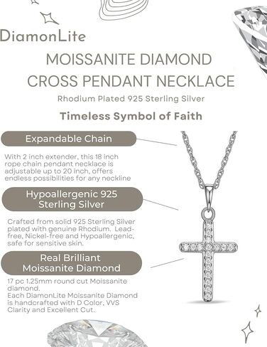 DIAMONLITE Moissanite Diamond Pendant Necklace for Women, 18K Gold Plated 925 Sterling Silver Cross or Heart Necklace for Women, Brilliant Cut D Color VVS1 Clarity Lab Created Diamond, Gifts for Women Her Wife Girlfriend Mom, 18"+2" Extender in Saudi Arabia