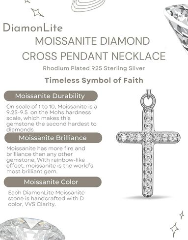 DIAMONLITE Moissanite Diamond Pendant Necklace for Women, 18K Gold Plated 925 Sterling Silver Cross or Heart Necklace for Women, Brilliant Cut D Color VVS1 Clarity Lab Created Diamond, Gifts for Women Her Wife Girlfriend Mom, 18"+2" Extender in Saudi Arabia