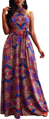 VERWIN Floor Length Lace-Up High Waist Stand Collar Sleeveless Women's Maxi Dress Print Dress Brown in Kuwait