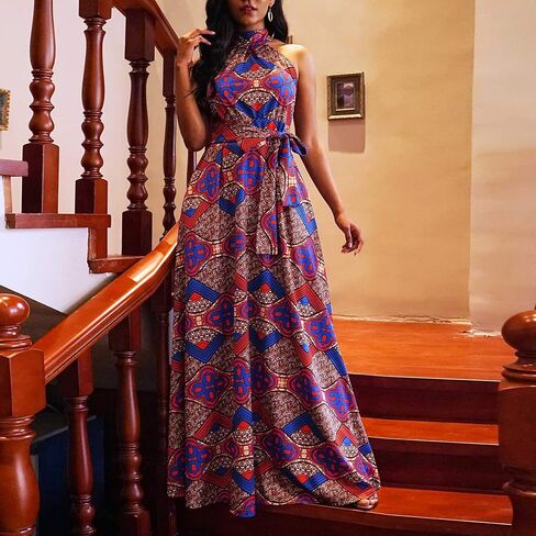 VERWIN Floor Length Lace-Up High Waist Stand Collar Sleeveless Women's Maxi Dress Print Dress Brown in Kuwait