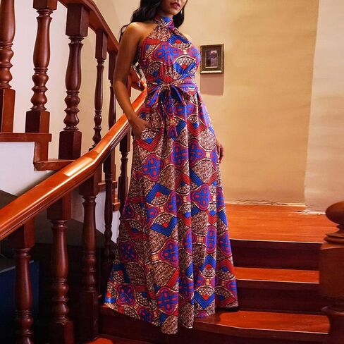 VERWIN Floor Length Lace-Up High Waist Stand Collar Sleeveless Women's Maxi Dress Print Dress Brown in Kuwait