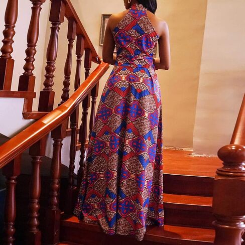 VERWIN Floor Length Lace-Up High Waist Stand Collar Sleeveless Women's Maxi Dress Print Dress Brown in Kuwait
