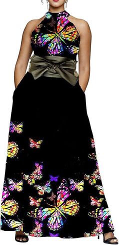 VERWIN Floor Length Lace-Up High Waist Stand Collar Sleeveless Women's Maxi Dress Print Dress Brown in Kuwait