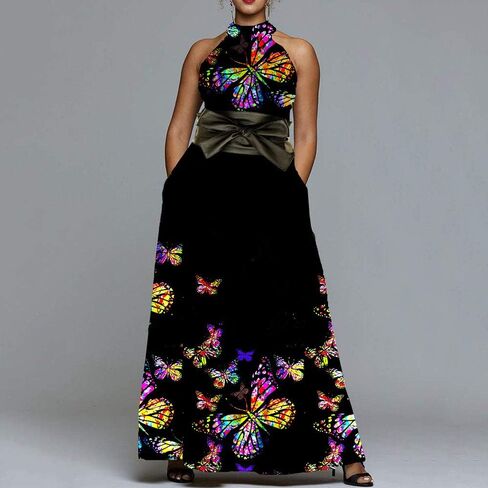 VERWIN Floor Length Lace-Up High Waist Stand Collar Sleeveless Women's Maxi Dress Print Dress Brown in Kuwait