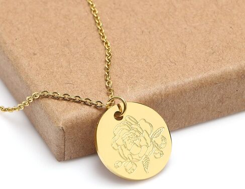شهر الميلاد زهرة قلادة قلادة 18K مطلية بالذهب لذيذ بسيط شهر الميلاد الأزهار القرص قلادة نقش عملة قلادة الحد الأدنى حساسة أمي ابنة هدية لها in Saudi Arabia