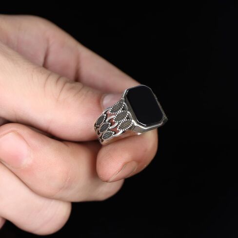 Black Onyx Stone Mens Silver Ring 925 Sterling Silver Signet Ring for Men Sterling Silver Pinky Ring Black Stone Ring Gift for Men Gift for Dad Gift for Him in Kuwait